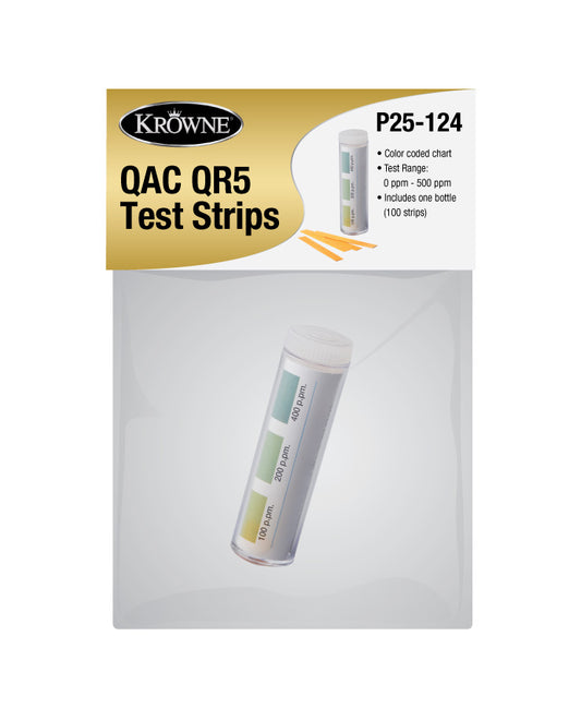 Krowne P25-124. QAC Test Strips Bag, 1-Pack in Header. Sanitizer Test Strips for QAC-Based Solutions. 100 strips per bottle. Color-coded chart. 