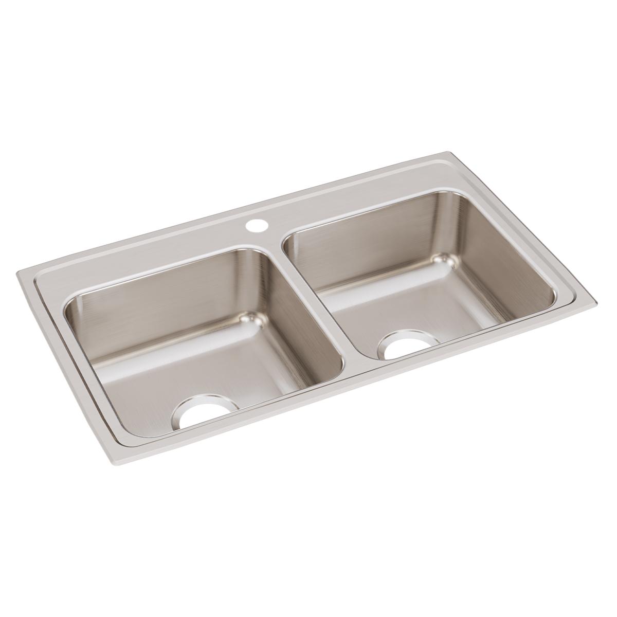 Just Manufacturing DL1933A1-J Stainless Steel 33" x 19-1/2" x 7-5/8" 1-Hole Equal Double Bowl Drop-in Sink