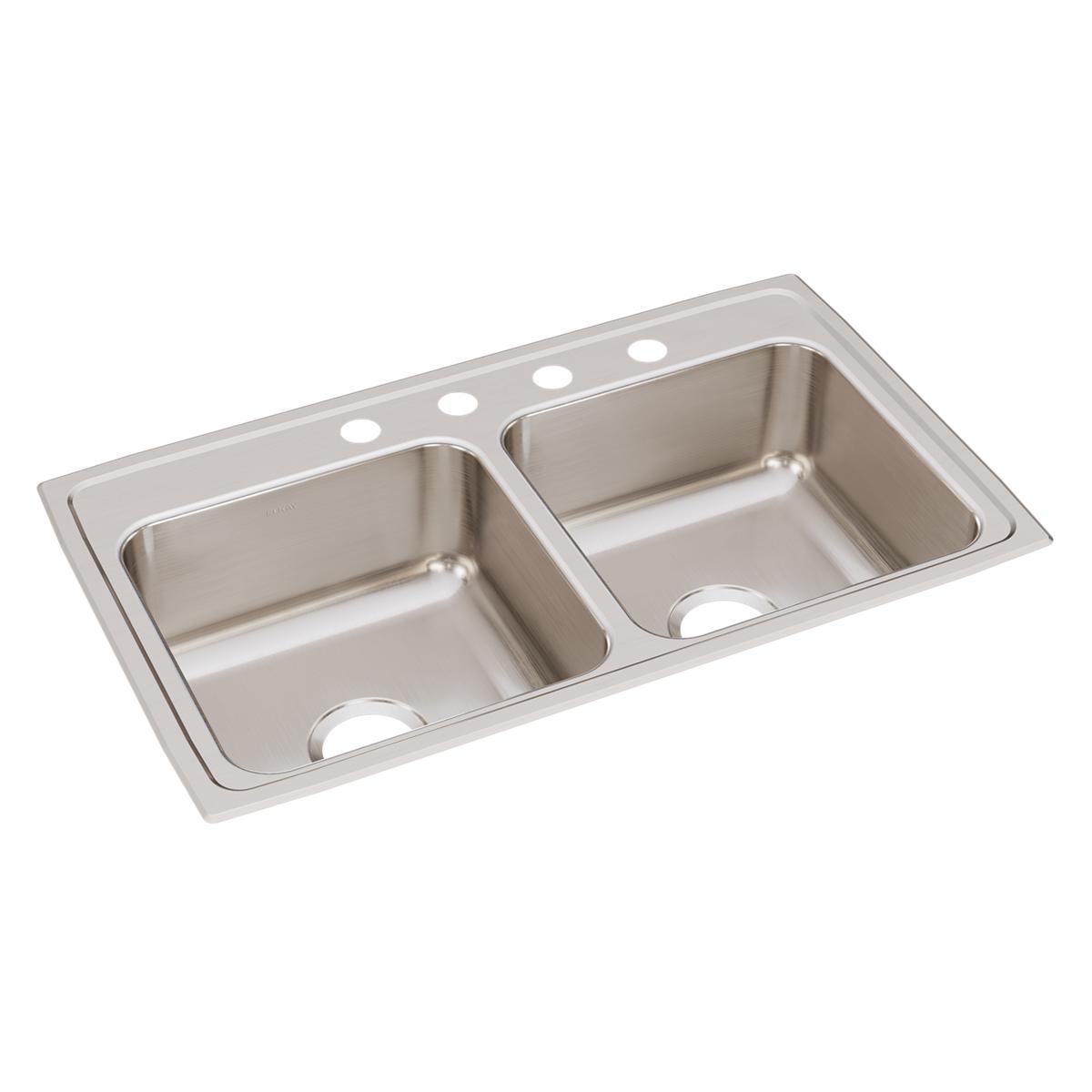 Just Manufacturing DL1933A4-J Stainless Steel 33" x 19-1/2" x 7-5/8" 4-Hole Equal Double Bowl Drop-in Sink