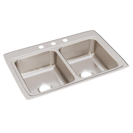 Just Manufacturing DL2233A3-J Stainless Steel 33" x 22" x 8-1/8" 3-Hole Equal Double Bowl Drop-in Sink