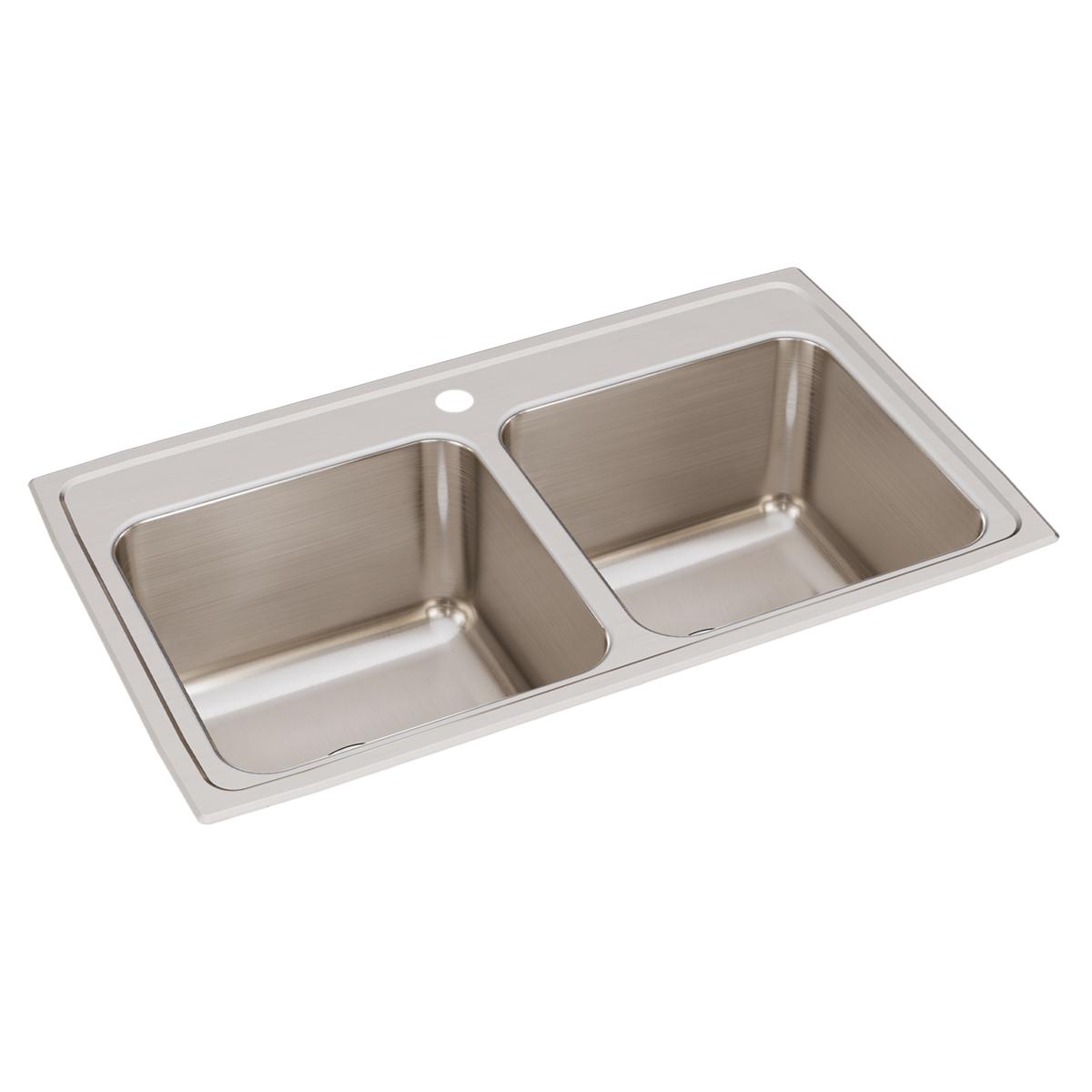 Just Manufacturing DLX1933A1-J Stainless Steel 33" x 19-1/2" x 10-1/8" 1-Hole Equal Double Bowl Drop-in Sink