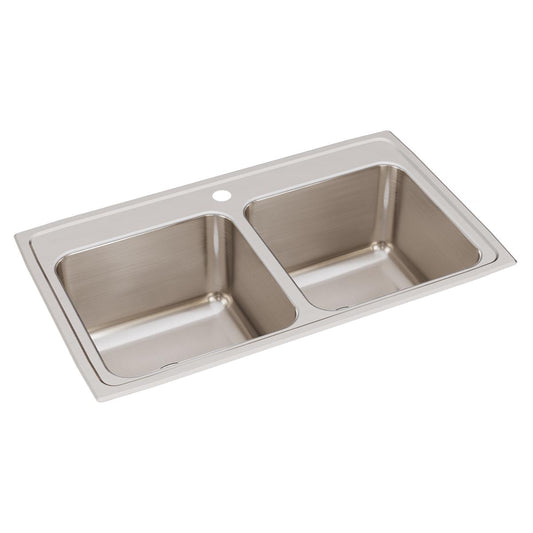 Just Manufacturing DLX1933A1-J Stainless Steel 33" x 19-1/2" x 10-1/8" 1-Hole Equal Double Bowl Drop-in Sink