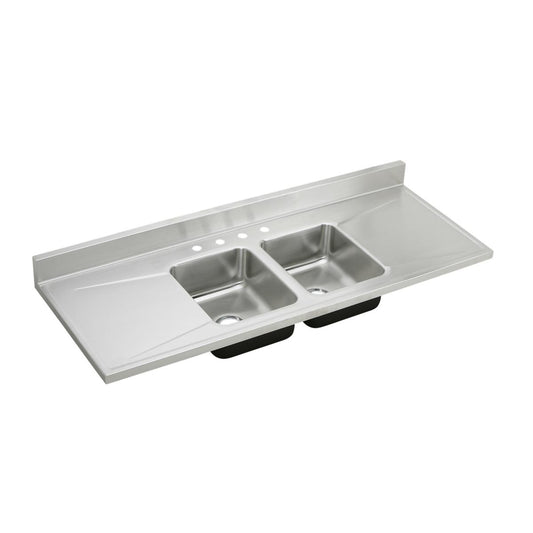 Just Manufacturing DM6629-0-J Stainless Steel 66" x 25" x 7-1/2" 0-Hole Equal Double Bowl Sink Top w/Drainboard