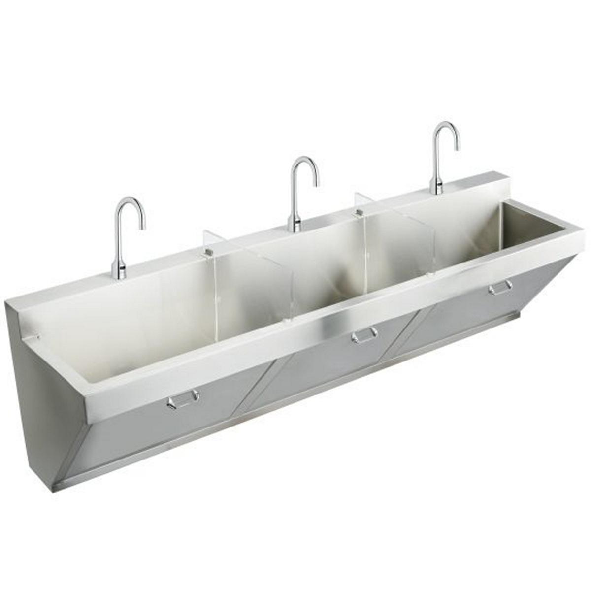 Just Manufacturing J7703S-J Stainless Steel 90" x 23" x 26" Wall Hung Triple Station Surgeon Scrub Sink Kit w/3 Faucets+3 TMV+Drain+P-trap
