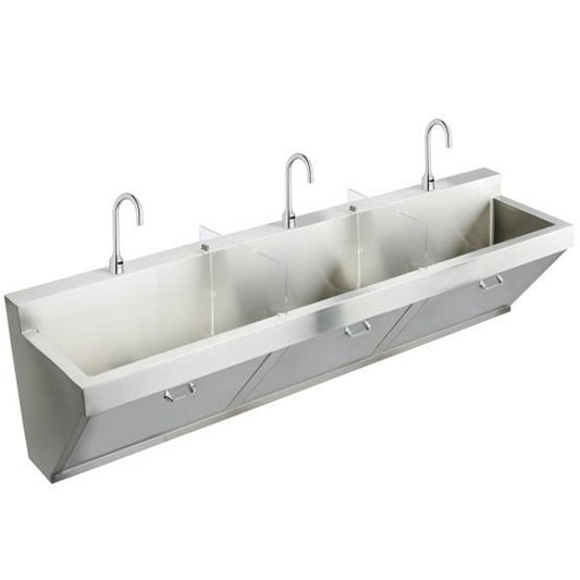 Just Manufacturing J7703S-J Stainless Steel 90" x 23" x 26" Wall Hung Triple Station Surgeon Scrub Sink Kit w/3 Faucets+3 TMV+Drain+P-trap