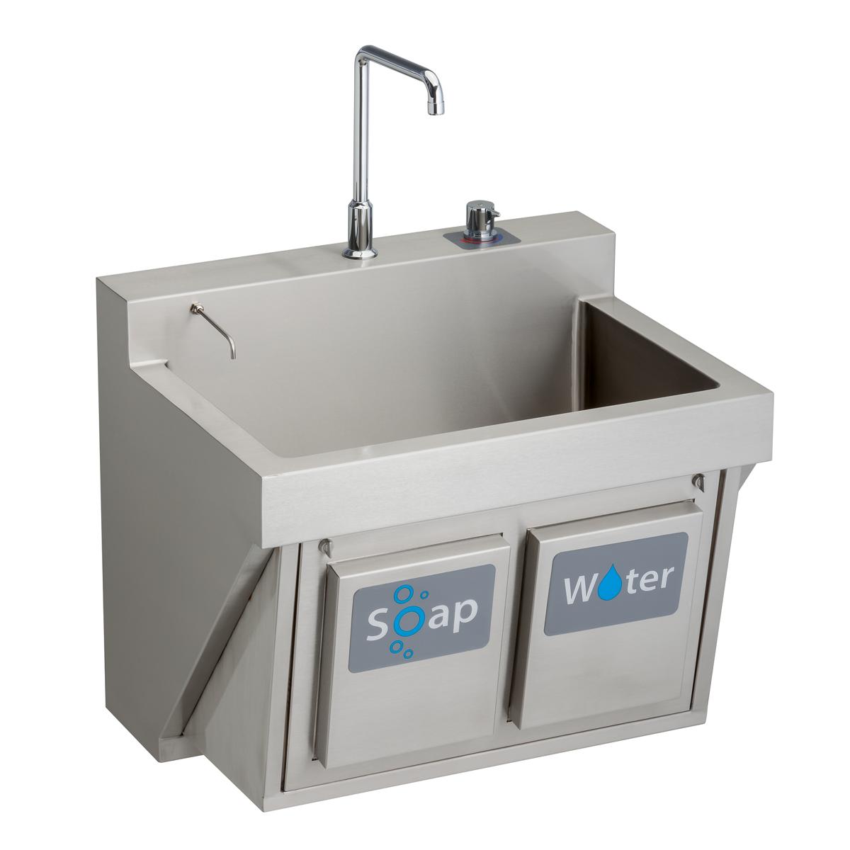 Just Manufacturing JKS7701-NP-J Stainless Steel 30" x 23" x 26" Wall Hung Single Bowl Surgeon Scrub Sink Kit w/Spout + Drain + TMV