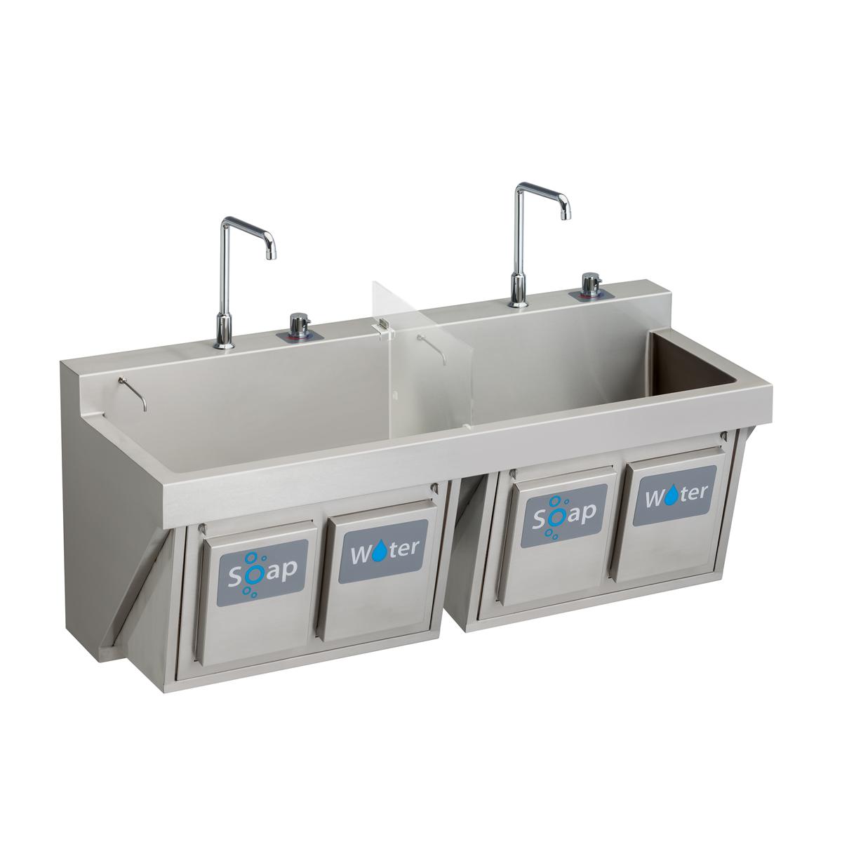 Stainless Steel 60" x 23" x 26" Wall Hung Double Station Surgeon Scrub Sink Kit w/2 Spouts + 2 TMV + Drain