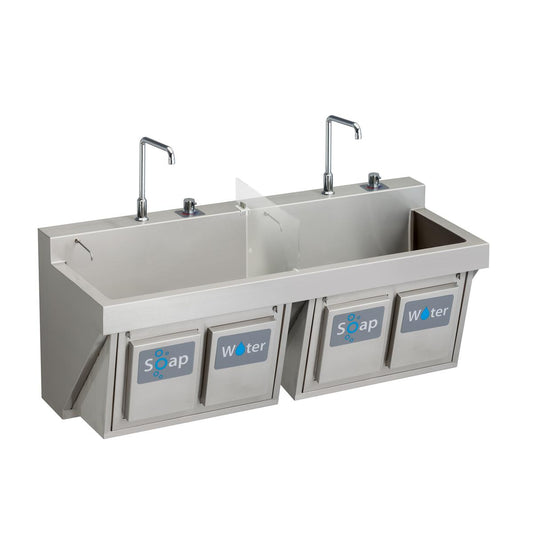 Stainless Steel 60" x 23" x 26" Wall Hung Double Station Surgeon Scrub Sink Kit w/2 Spouts + 2 TMV + Drain