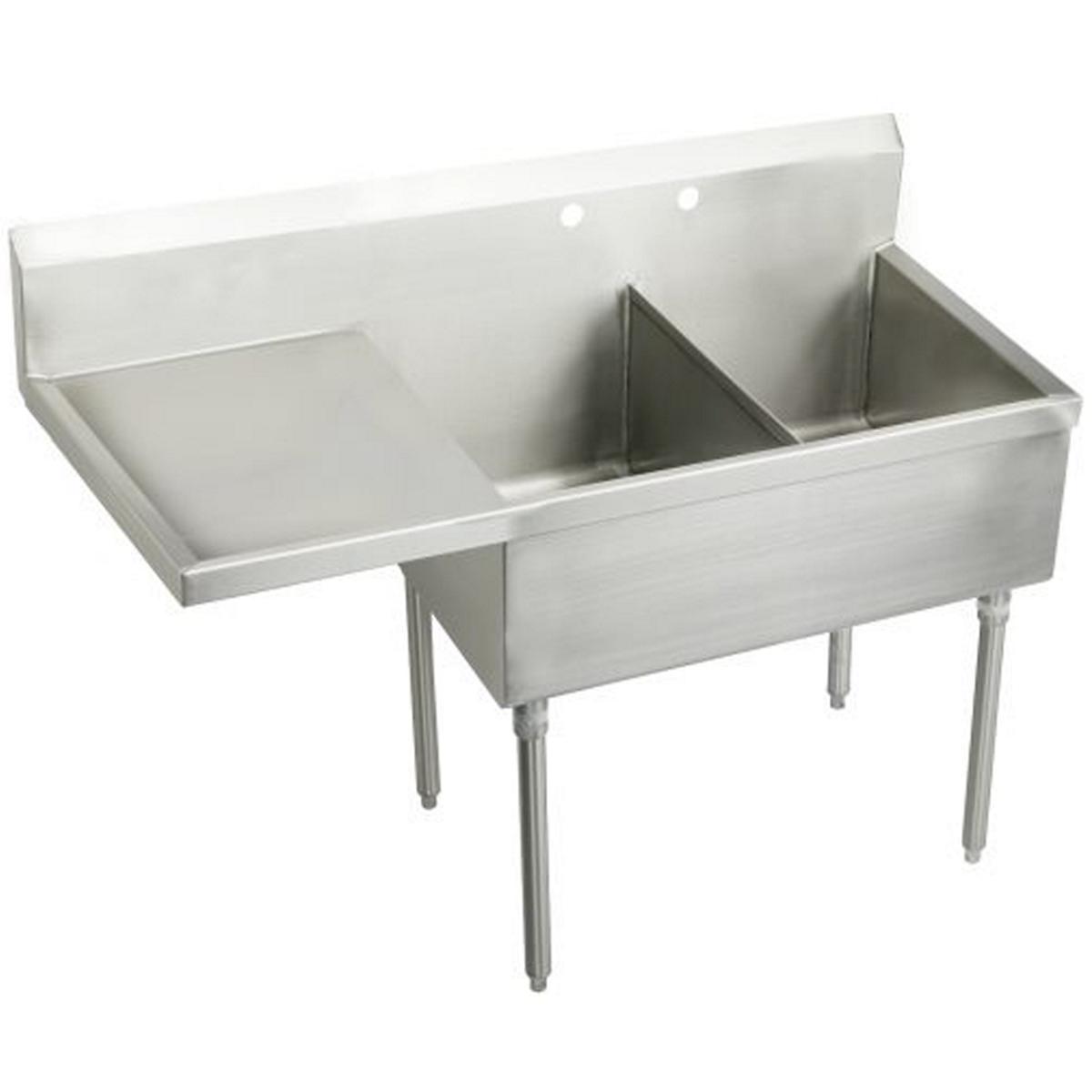 Just Manufacturing NSFB230-24L-2-J Stainless Steel 55-1/2" x 27-1/2" x 14" Floor Mount Double 2-Hole Scullery Sink w/L Drainboard Coved Corners