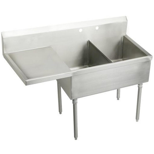 Just Manufacturing NSFB230-24L-2-J Stainless Steel 55-1/2" x 27-1/2" x 14" Floor Mount Double 2-Hole Scullery Sink w/L Drainboard Coved Corners