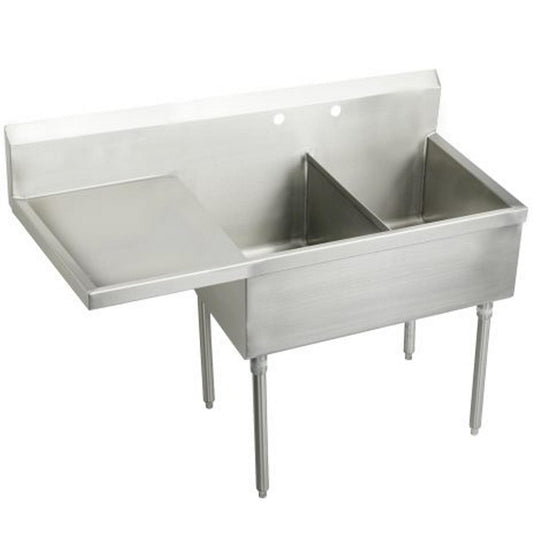 Just Manufacturing NSFB236-24L-2-J Stainless Steel 61-1/2" x 27-1/2" x 14" Floor Mount Double 2-Hole Scullery Sink w/L Drainboard Coved Corners
