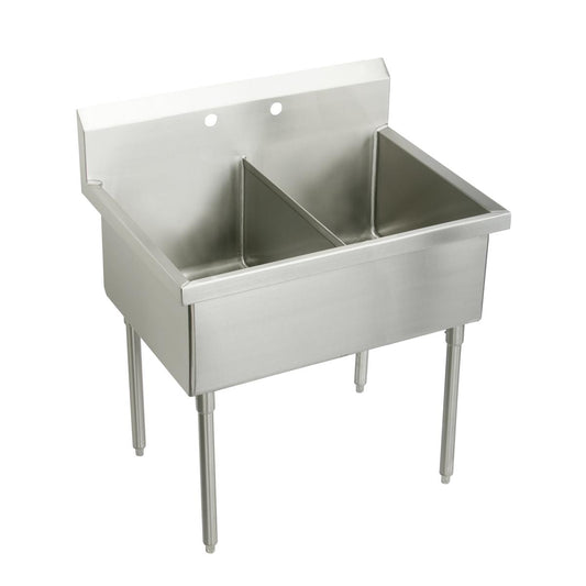 Just Manufacturing NSFB260-2-2-J Stainless Steel 63" x 27-1/2" x 14" Floor Mount Double 4-Hole Scullery Sink w/coved corners