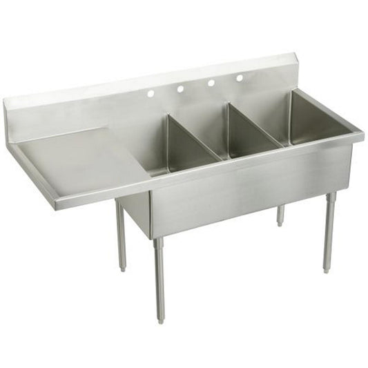 Just Manufacturing NSFB345-24RL-2-2-J Stainless Steel 93" x 27-1/2" x 14" Floor Mount Triple 4-Hole Scullery Sink w/L&R Drainboards and Coved Corners