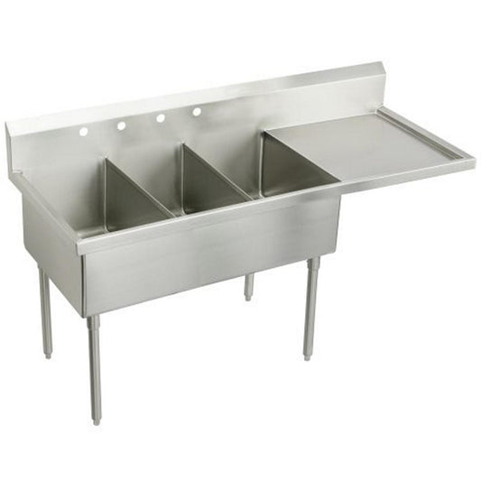 Just Manufacturing NSFB345-24R-2-2-J Stainless Steel 70-1/2" x 27-1/2" x 14" Floor Mount Triple 4-Hole Scullery Sink w/R Drainboard Coved Corners