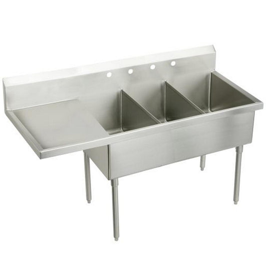 Just Manufacturing NSFB354-24L-2-2-J Stainless Steel 79-1/2" x 27-1/2" x 14" Floor Mount Triple 4-Hole Scullery Sink w/L Drainboard Coved Corners