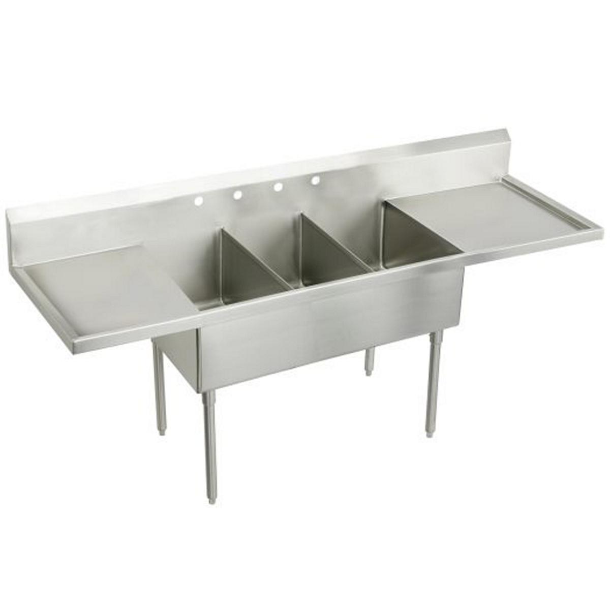Just Manufacturing NSFB354-24RL-2-J Stainless Steel 102" x 27-1/2" x 14" Floor Mount Triple 2-Hole Scullery Sink w/L&R Drainboards + Coved Corners