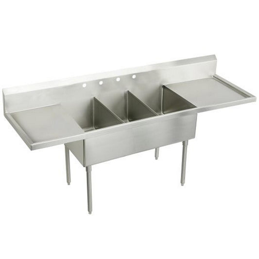 Just Manufacturing NSFB354-24RL-2-J Stainless Steel 102" x 27-1/2" x 14" Floor Mount Triple 2-Hole Scullery Sink w/L&R Drainboards + Coved Corners