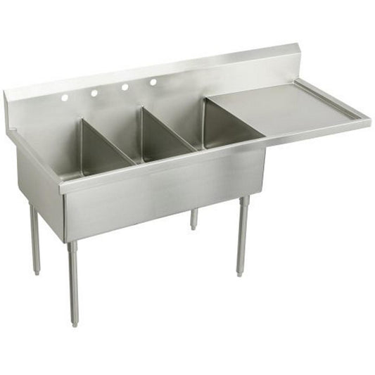 Just Manufacturing NSFB354-24R-2-2-J Stainless Steel 79-1/2" x 27-1/2" x 14" Floor Mount Triple 4-Hole Scullery Sink w/R Drainboard Coved Corners
