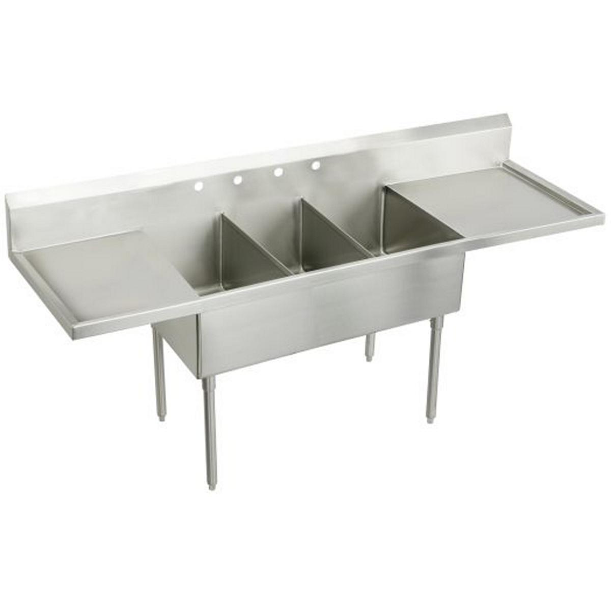 Just Manufacturing NSFB360-24RL-0-J Stainless Steel 108" x 27-1/2" x 14" Floor Mount Triple 0-Hole Scullery Sink w/L&R Drainboards + Coved Corners