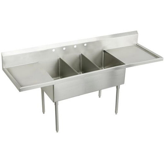 Just Manufacturing NSFB360-24RL-2-2-J Stainless Steel 108" x 27-1/2" x 14" Floor Mount Triple 4-Hole Scullery Sink w/L&R Drainboards + Coved Corners