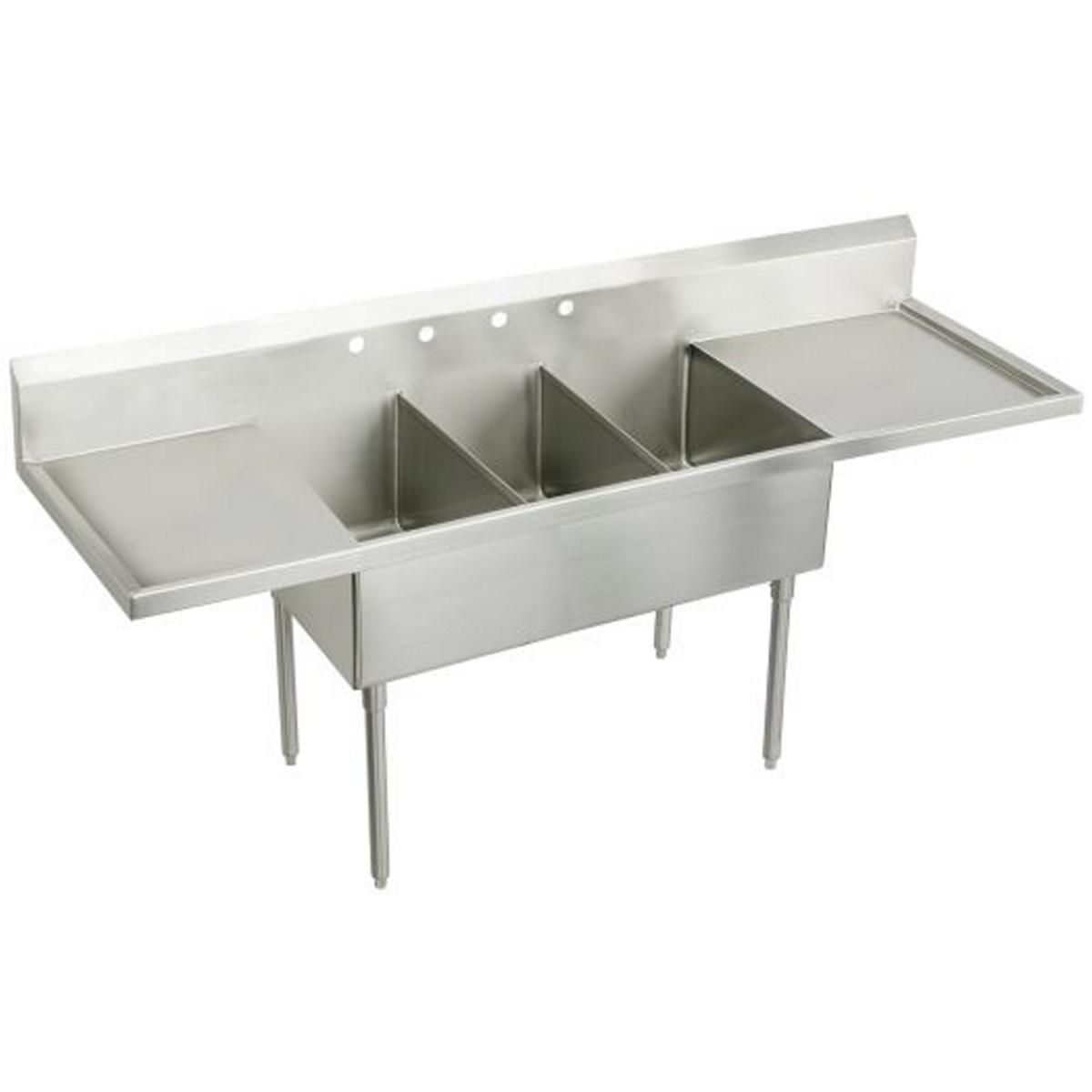 Just Manufacturing NSFB372-24RL-2-2-J Stainless Steel 120" x 27-1/2" x 14" Floor Mount Triple 4-Hole Scullery Sink w/L&R Drainboards Coved Corners