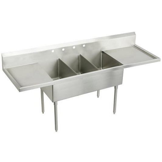 Just Manufacturing NSFB372-24RL-2-J Stainless Steel 120" x 27-1/2" x 14" Floor Mount Triple 2-Hole Scullery Sink w/L&R Drainboards Coved Corners