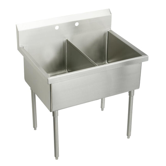 Just Manufacturing SB242-24RL-2-J Stainless Steel 90" x 27-1/2" x 14" Floor Mount Double Compartment 2-Hole Scullery Sink w/L&R Drainboards