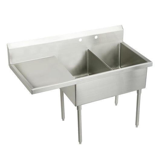 Just Manufacturing SB248-24L-2-J Stainless Steel 73-1/2" x 27-1/2" x 14" Floor Mount Double Compartment 2-Hole Scullery Sink w/Left Drainboard