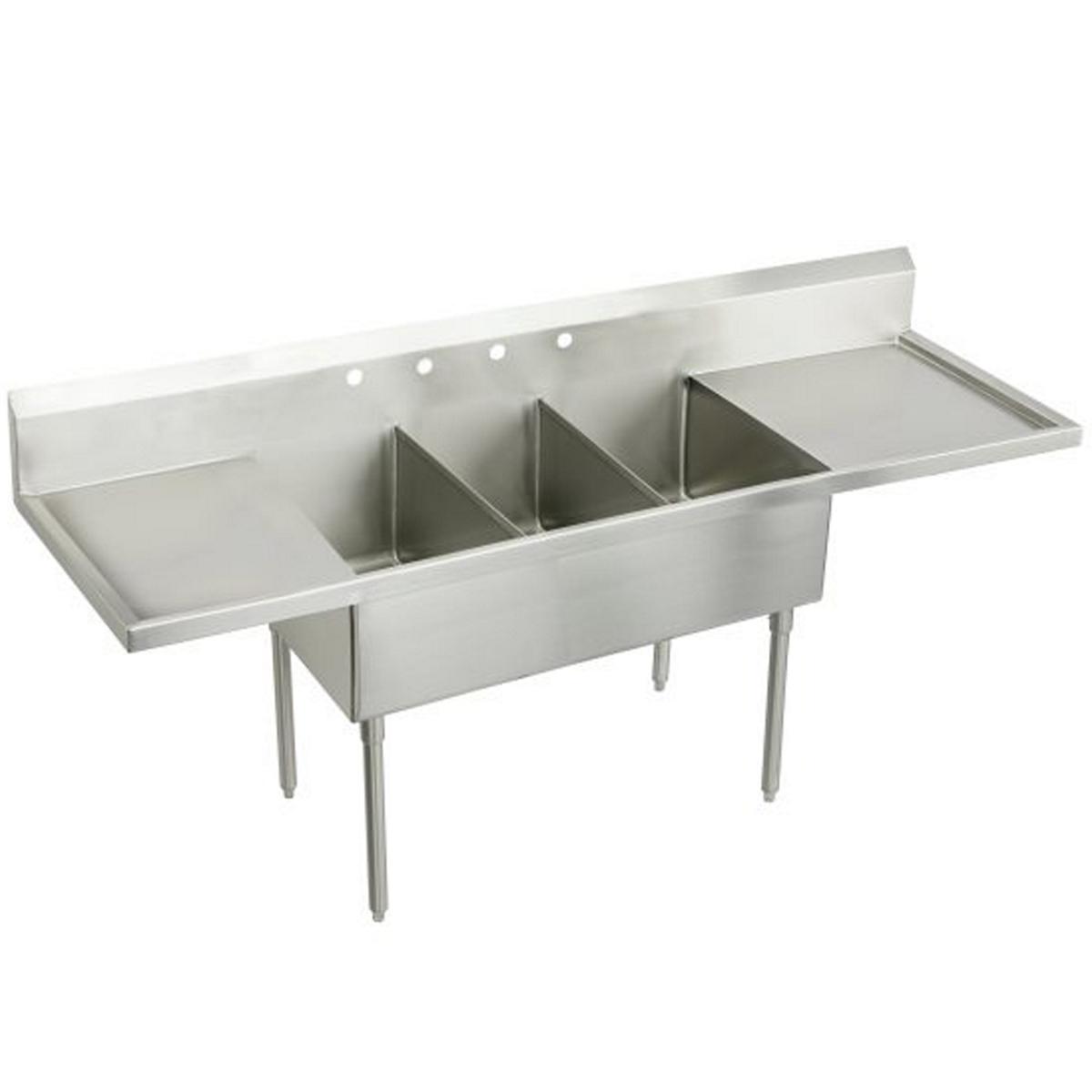 Just Manufacturing SB345-24RL-2-J Stainless Steel 93" x 27-1/2" x 14" Floor Mount Triple Compartment 2-Hole Scullery Sink w/Drainboard