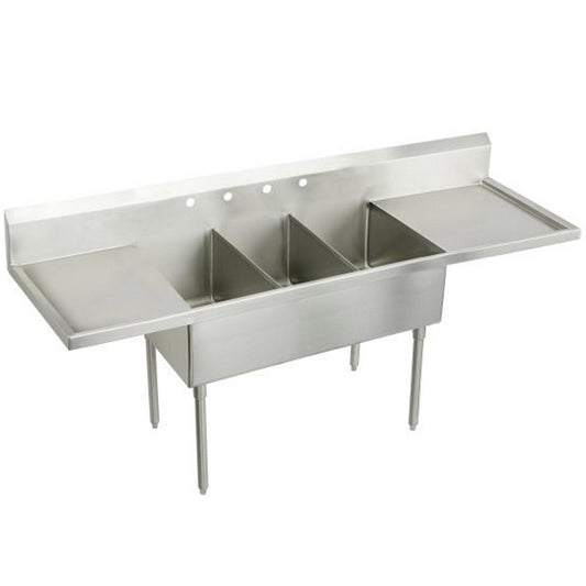 Just Manufacturing SB345-24RL-2-J Stainless Steel 93" x 27-1/2" x 14" Floor Mount Triple Compartment 2-Hole Scullery Sink w/Drainboard