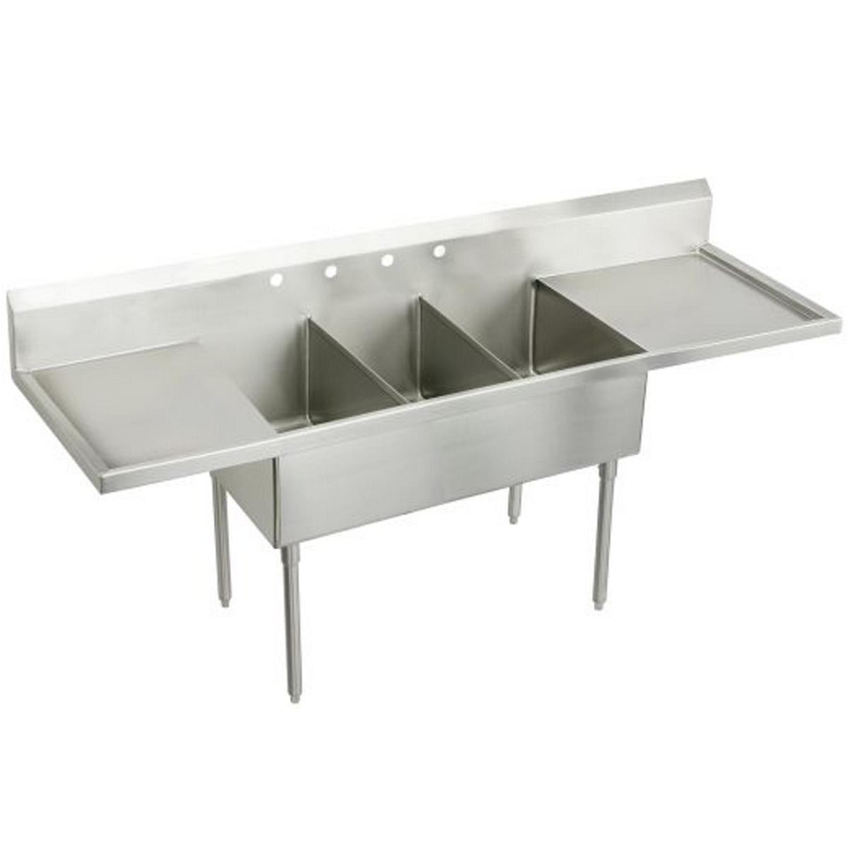 Just Manufacturing SB354-24RL-2-2-J Stainless Steel 102" x 27-1/2" x 14" Floor Mount Triple Compartment 4-Hole Scullery Sink w/Drainboard