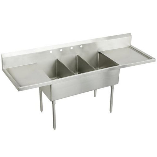 Just Manufacturing SB354-24RL-2-2-J Stainless Steel 102" x 27-1/2" x 14" Floor Mount Triple Compartment 4-Hole Scullery Sink w/Drainboard