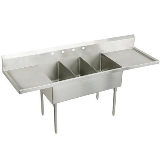 Just Manufacturing SB360-24RL-2-2-2-J Stainless Steel 108" x 27-1/2" x 14" Floor Mount Triple Compartment 6-Hole Scullery Sink w/Drainboard