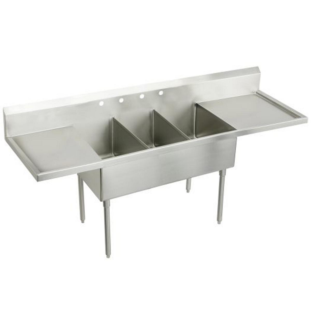 Just Manufacturing SB360-24RL-2-2-J Stainless Steel 108" x 27-1/2" x 14" Floor Mount Triple Compartment 4-Hole Scullery Sink w/Drainboard
