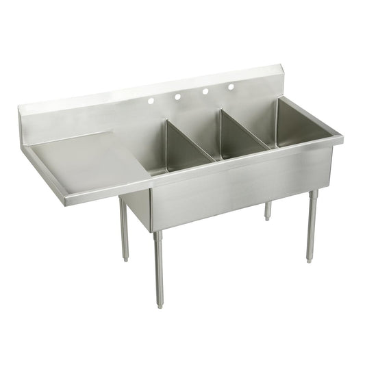 Just Manufacturing SB372-24L-2-2-J Stainless Steel 97-1/2" x 27-1/2" x 14" Floor Mount Triple Compartment 4-Hole Scullery Sink w/Drainboard